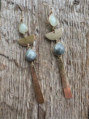 Gold-Tone Drop Earrings with Pale Green and Gray Stones - Women Jewelry